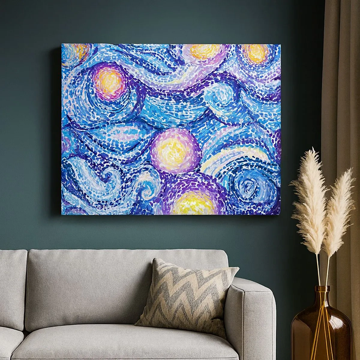 Vászonkép - A csillagos ég művészi értelmezése Van Gogh stílusában - 70x50cm - Van Gogh képéből - Modern fali dekoráció nappalihoz és hálószobához ARTTOR
