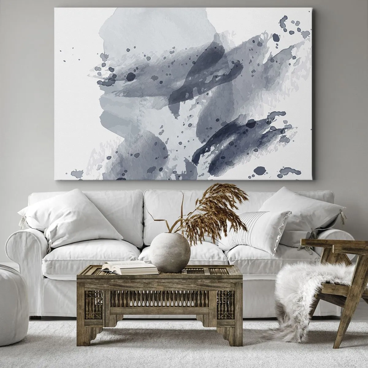 Vászonkép - Absztrakt foltok kék árnyalatokban világos háttér előtt - 70x50cm - A víz természetének tanulmánya - Modern fali dekoráció nappalihoz és hálószobához ARTTOR