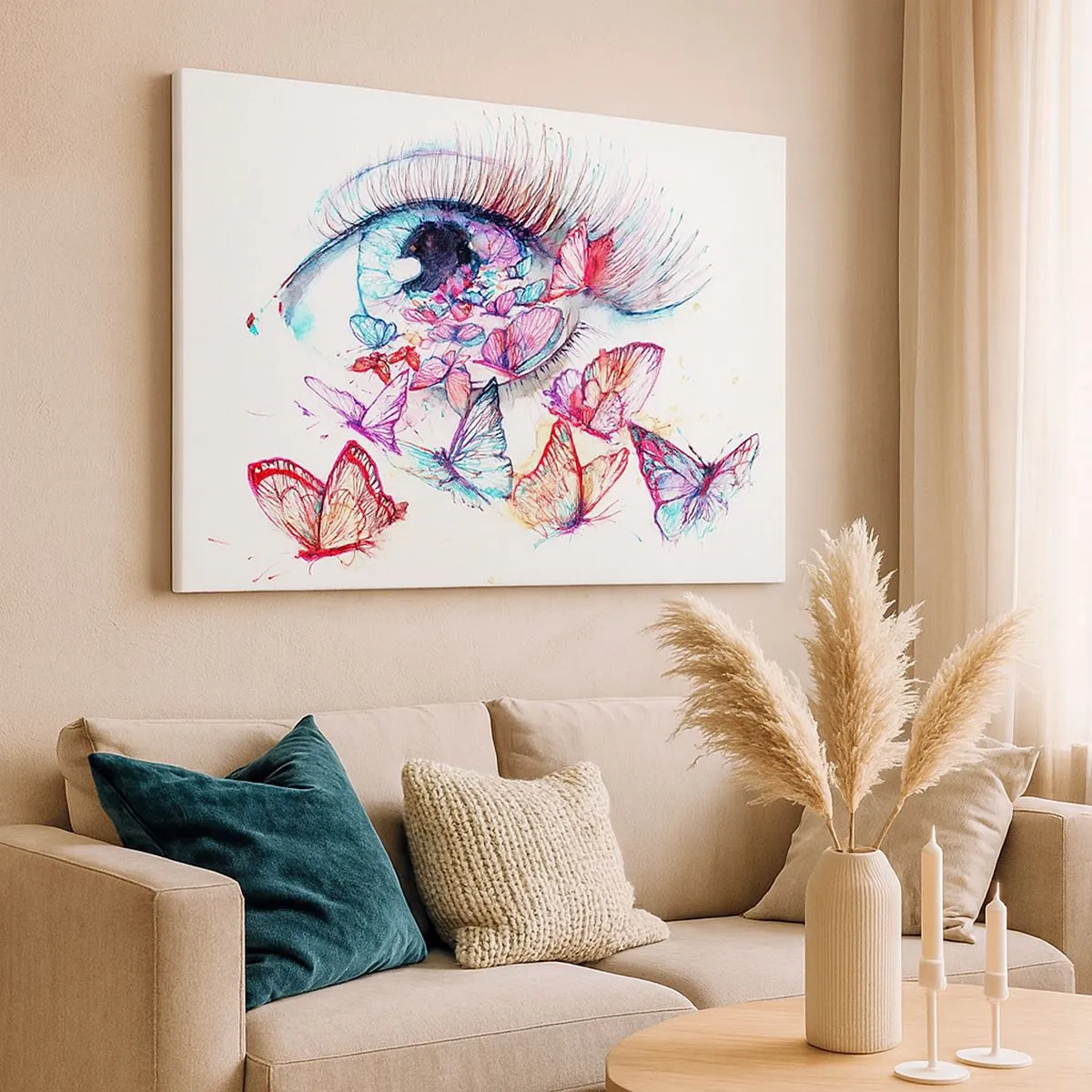 Vászonkép - Egy akvarell szem, színes pillangókkal körülvéve - 70x50cm - Mesebeli szemek varázsa - Modern fali dekoráció nappalihoz és hálószobához ARTTOR