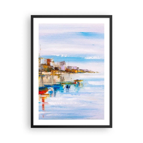 Poszter fehér keretben - A tengerparti város színes tája - 50x70cm - Sokszínű városi kikötő - Modern fali dekoráció nappalihoz és hálószobához ARTTOR