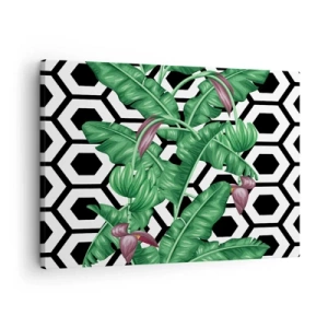 Vászonkép - Trópusi levelek geometrikus alapon - 70x50cm - Természeténél fogva szimmetrikus kompozíció - Modern fali dekoráció nappalihoz és hálószobához ARTTOR