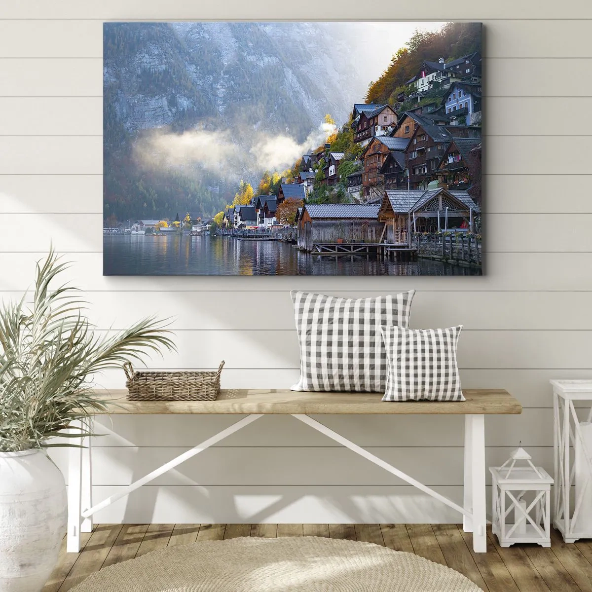 Vászonkép - Egy hegyi falu egy tóparton őszi tájban - 70x50cm - Alpesi éghajlatra - Modern fali dekoráció nappalihoz és hálószobához ARTTOR