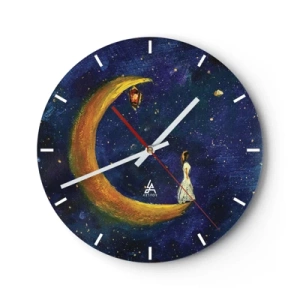 Falióra, Óra - Egy alak a Holdon egy mesés éjszakai égbolton egy lámpással - 30x30cm - A világ hívása - Modern fali dekoráció nappalihoz, konyhához és hálószobához ARTTOR