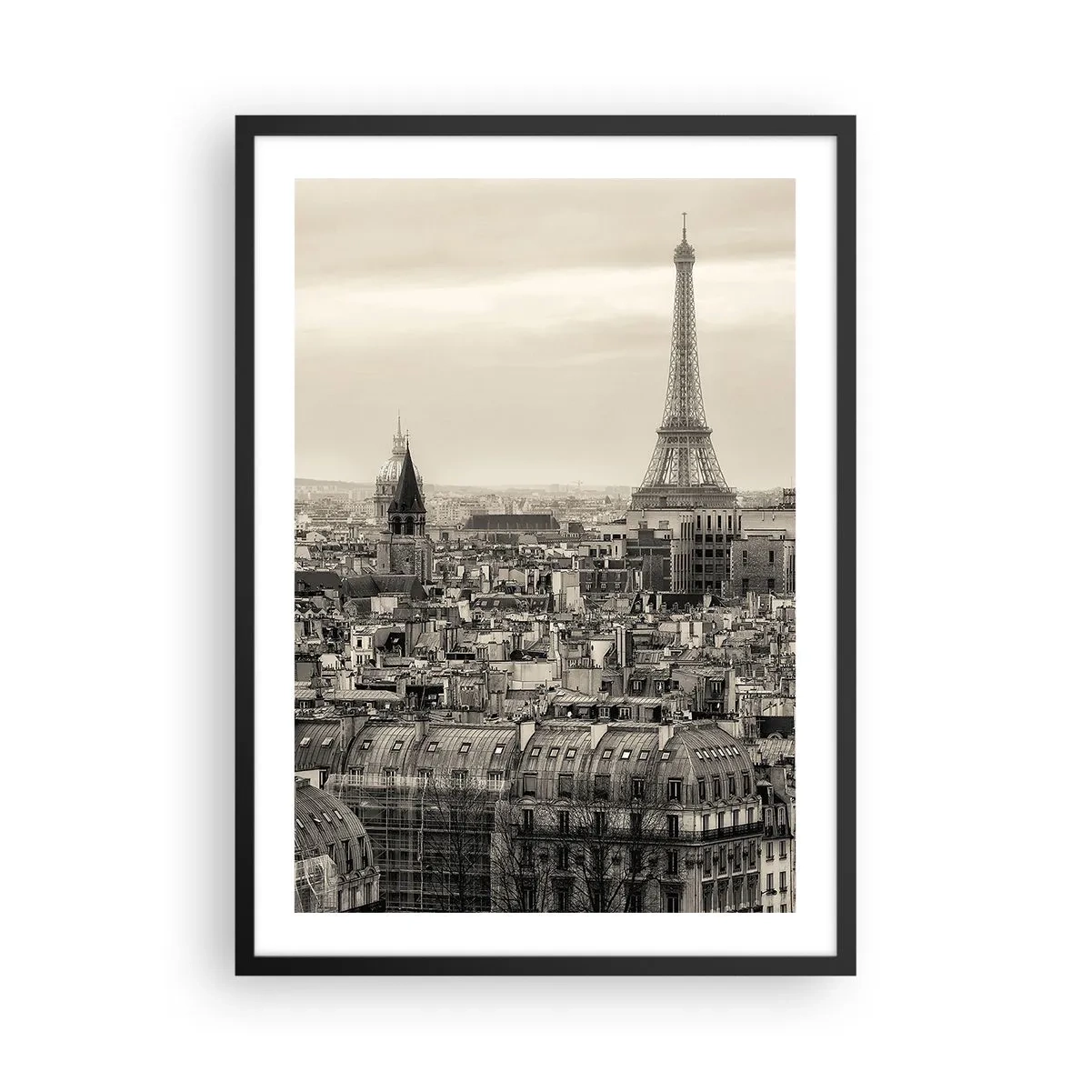 Poszter fehér keretben - Párizs panorámája az Eiffel-toronnyal szépia árnyalatokban - 50x70cm - Párizs háztetői fölött - Modern fali dekoráció nappalihoz és hálószobához ARTTOR