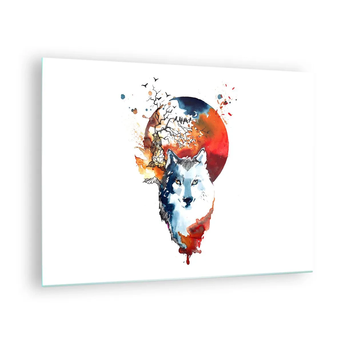 Üveg kép - Illusztráció egy farkasról, teliholddal a háttérben - 70x50cm - Szembe az éjszakával - Modern fali dekoráció nappalihoz és hálószobához ARTTOR