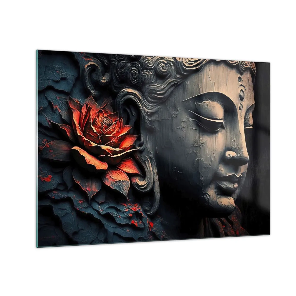 Üveg kép - Meditáló alak profilja egy piros virággal sötét háttér előtt. - 70x50cm - Összhangban a világgal - Modern fali dekoráció nappalihoz és hálószobához ARTTOR