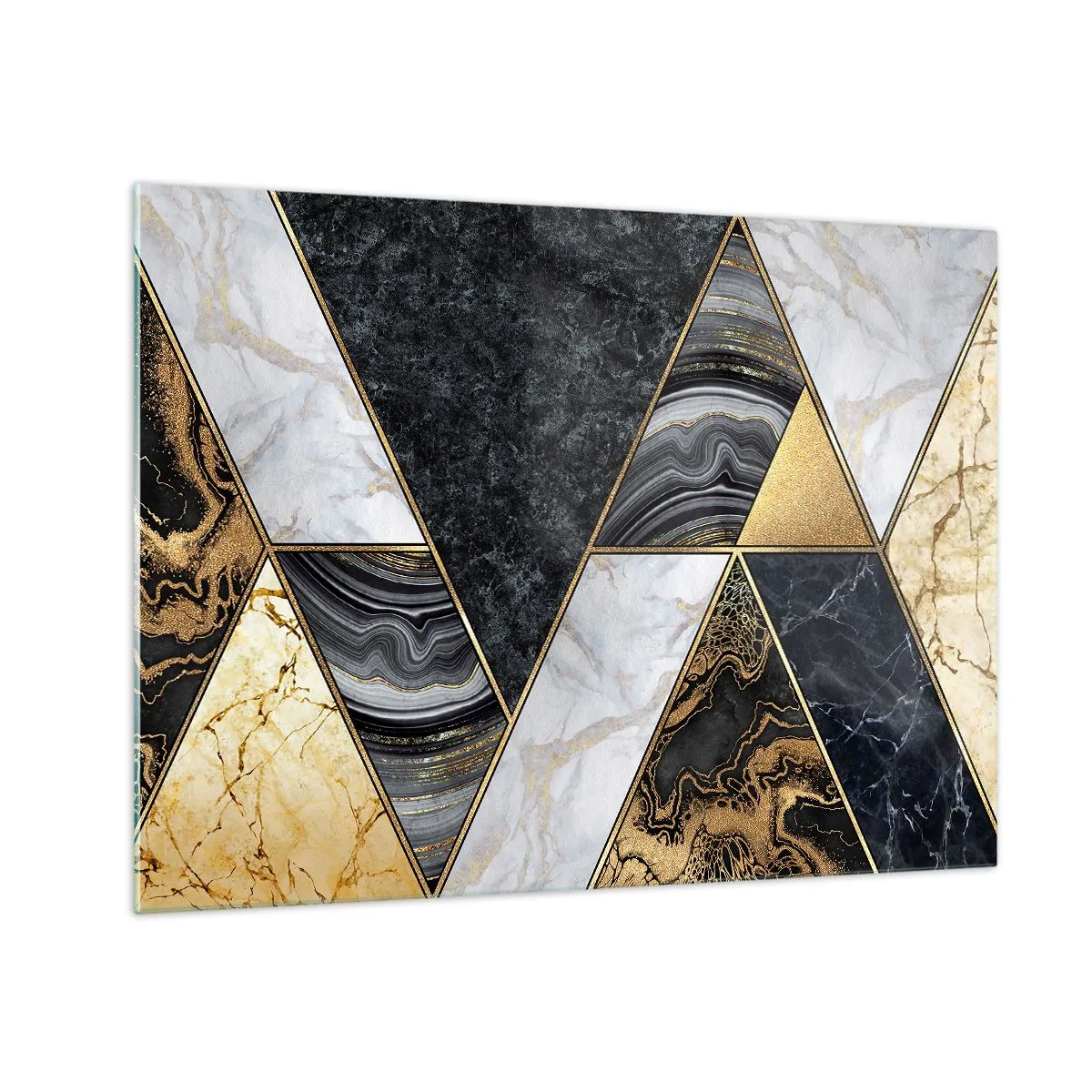 Üveg kép - Márvány és arany háromszögek geometrikus mintája - 70x50cm - Kőről kőre - Modern fali dekoráció nappalihoz és hálószobához ARTTOR