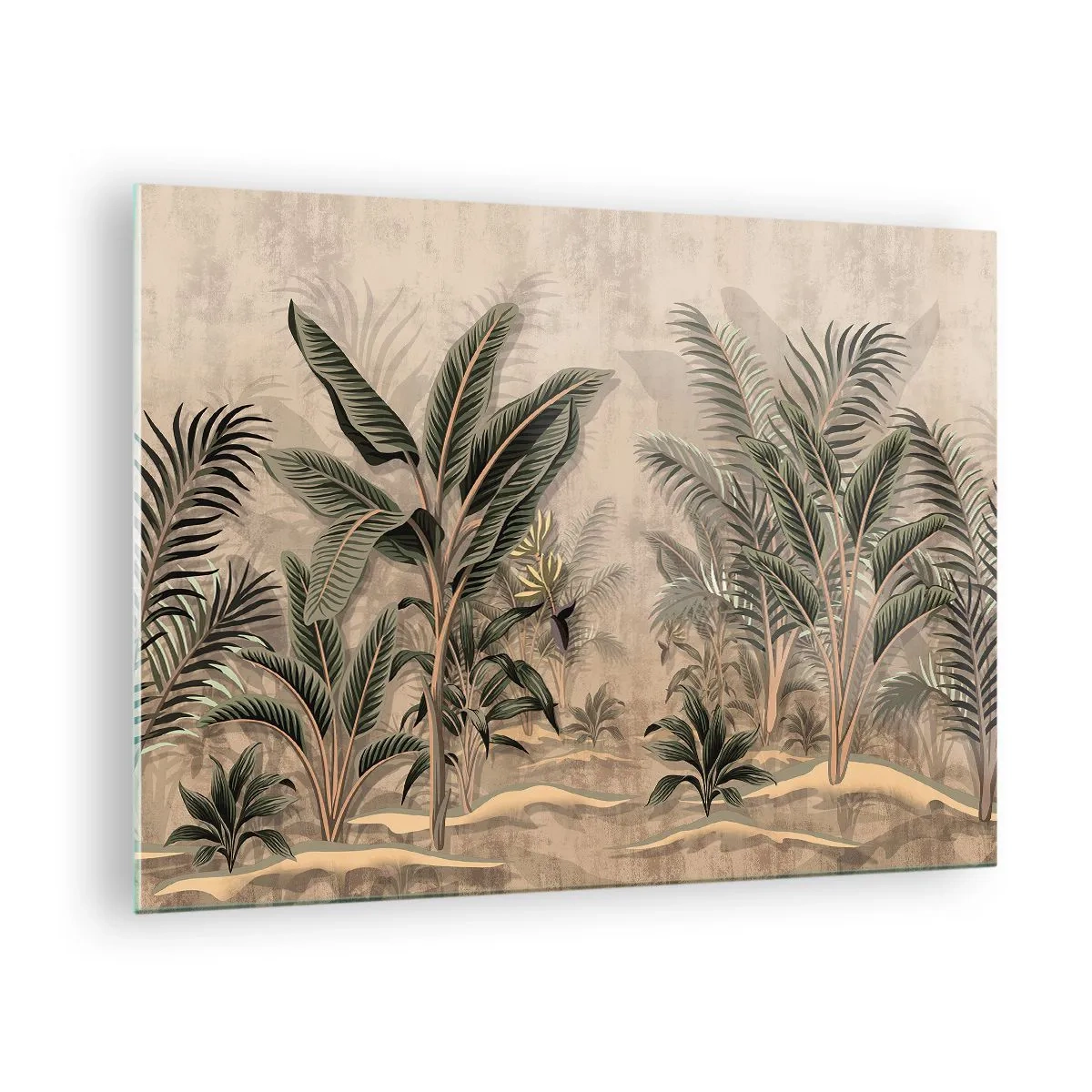 Üveg kép - Trópusi növények bézs alapon, gyarmati stílusban - 70x50cm - Gyarmati stílusú metszet - Modern fali dekoráció nappalihoz és hálószobához ARTTOR