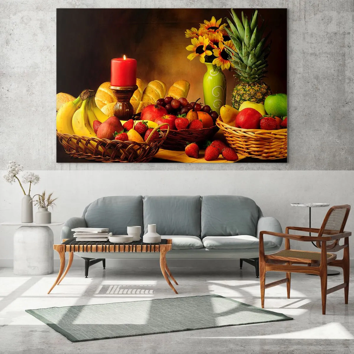 Üveg kép - Csendélet kenyérrel és gyümölccsel - 120x80 cm
