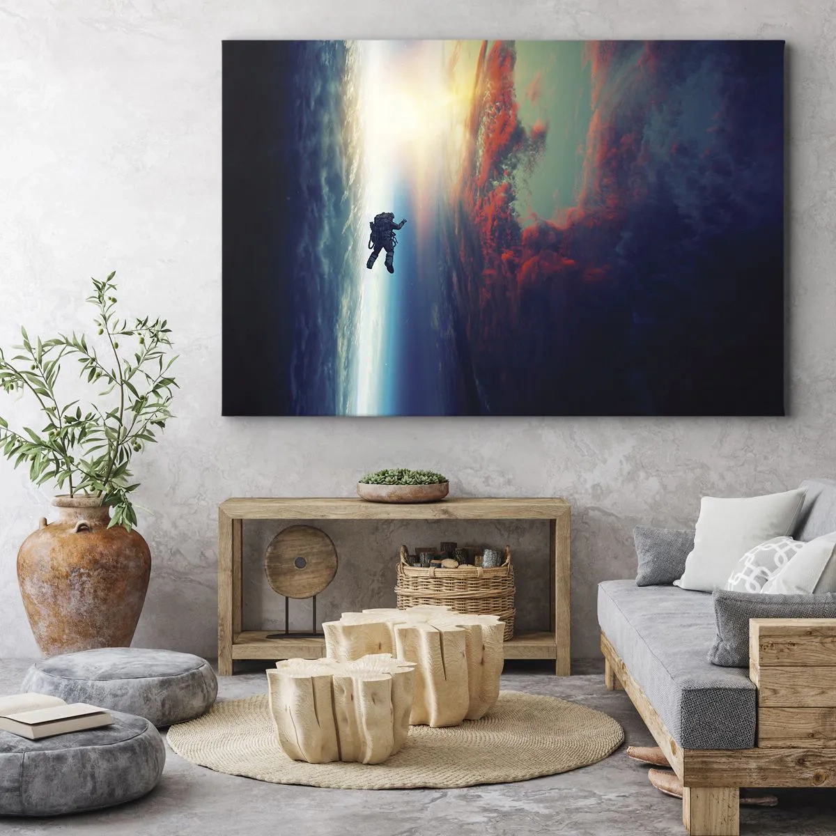 Vászonkép - Egy űrhajós lebeg az űrben egy színes Föld felett - 70x50cm - Szembenézés az univerzummal - Modern fali dekoráció nappalihoz és hálószobához ARTTOR