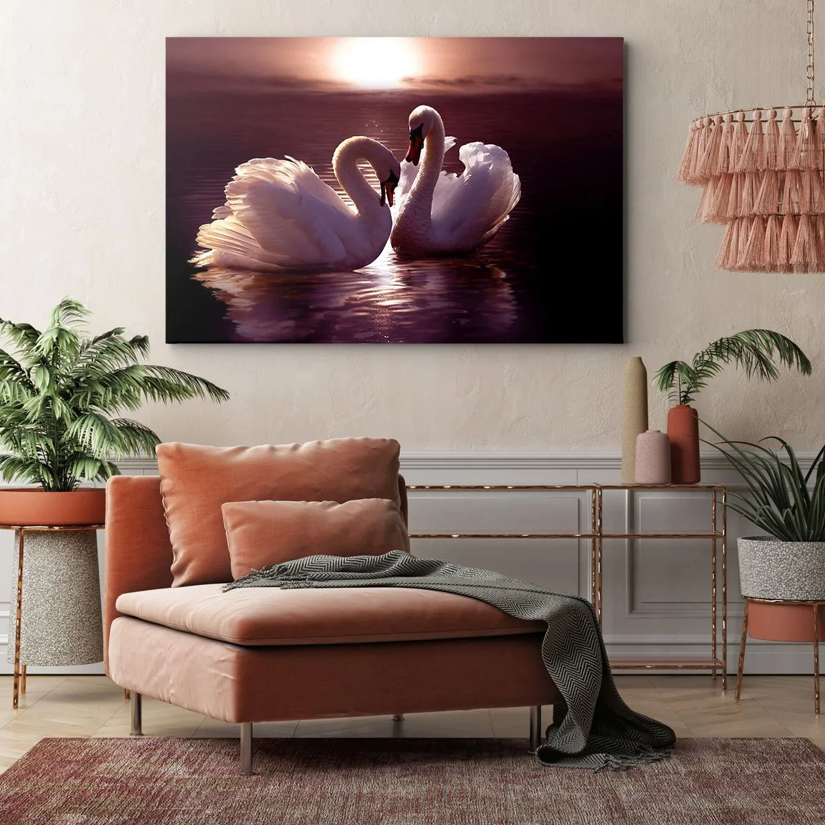 Vászonkép - Két hattyú egy nyugodt tavon naplementekor - 70x50cm - Míg a halál el nem választ - Modern fali dekoráció nappalihoz és hálószobához ARTTOR