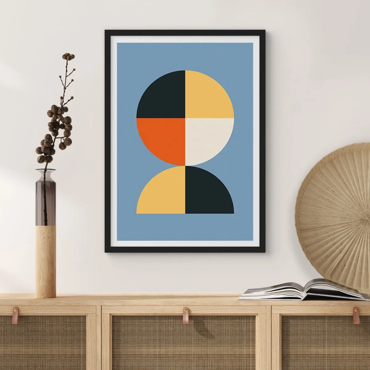 Poszter fehér keretben - Kék alapon kör és félkör alakú geometrikus motívum - 50x70cm - Nézd és számolj - Modern fali dekoráció nappalihoz és hálószobához ARTTOR