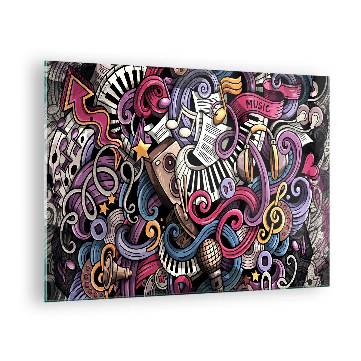 Üveg kép - Színes zenei témák hangjegyekkel és hangszerekkel - 70x50cm - Bonyolult dallam - Modern fali dekoráció nappalihoz és hálószobához ARTTOR