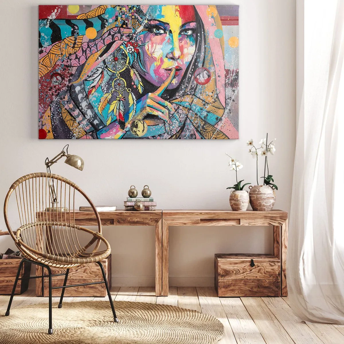 Vászonkép - Színes női arc művészi stílusban - 70x50cm - Maradj csendben, amíg meg nem érted - Modern fali dekoráció nappalihoz és hálószobához ARTTOR