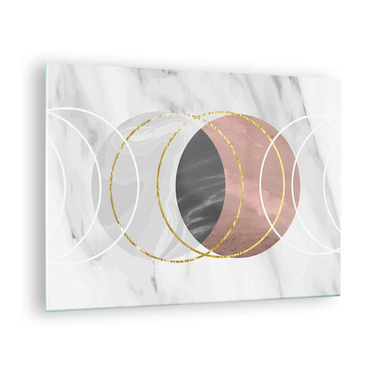Üveg kép - Geometrikus körök réz, arany és márvány árnyalataiban - 70x50cm - A szférák zenéje - Modern fali dekoráció nappalihoz és hálószobához ARTTOR