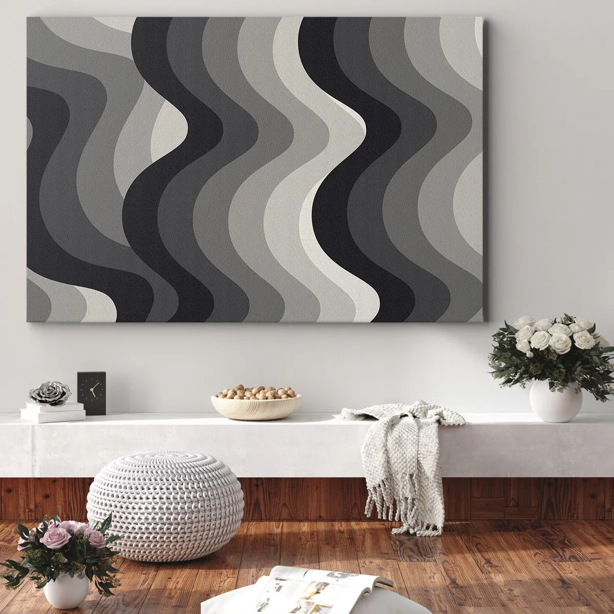 Vászonkép - Fekete-fehér hullámos minták szürke árnyalatokban - 70x50cm - Hullám a hullám után - Modern fali dekoráció nappalihoz és hálószobához ARTTOR