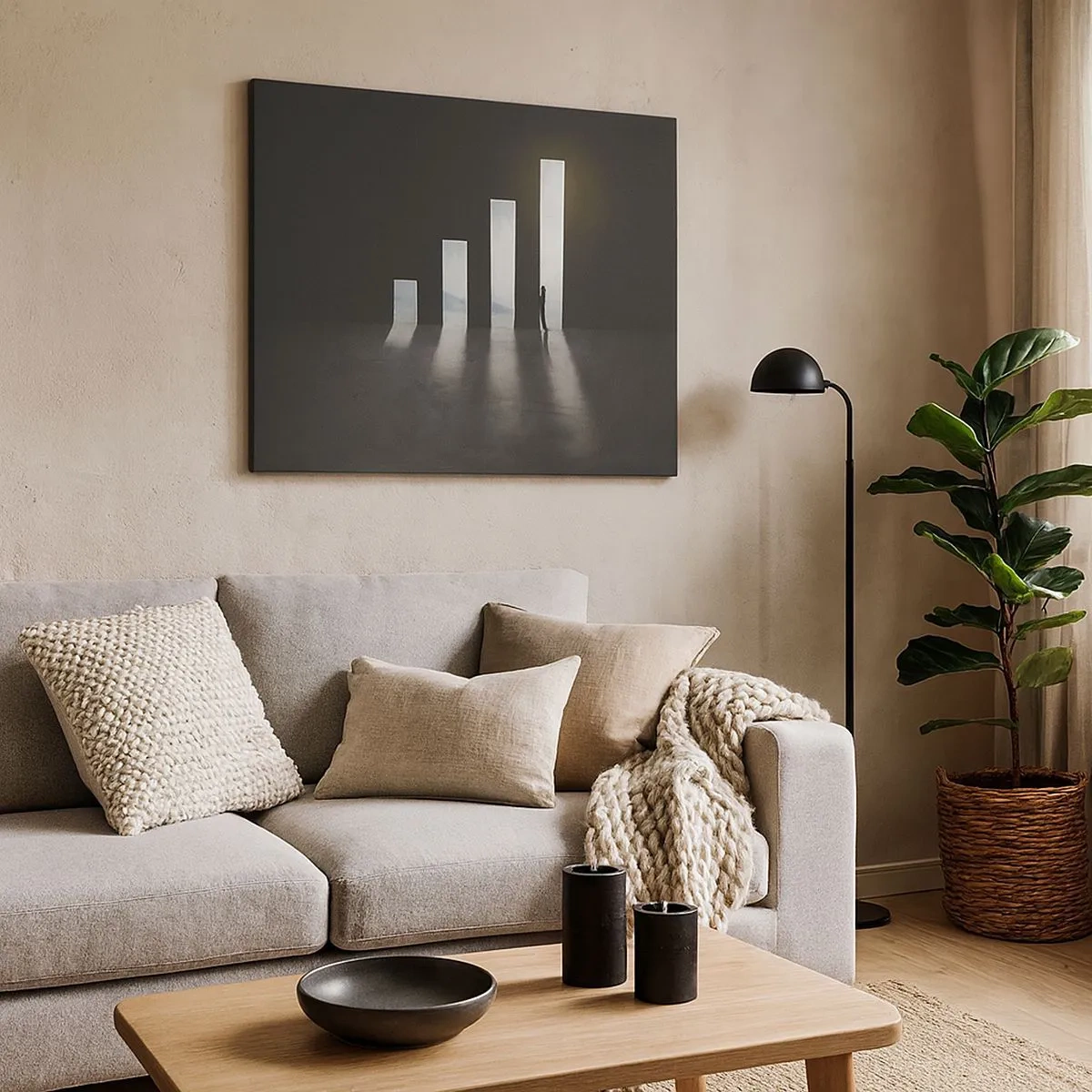 Vászonkép - Szimbolikus növekedés fénnyel megvilágított átjárók formájában - 70x50cm - Siker - egy benyomás - Modern fali dekoráció nappalihoz és hálószobához ARTTOR