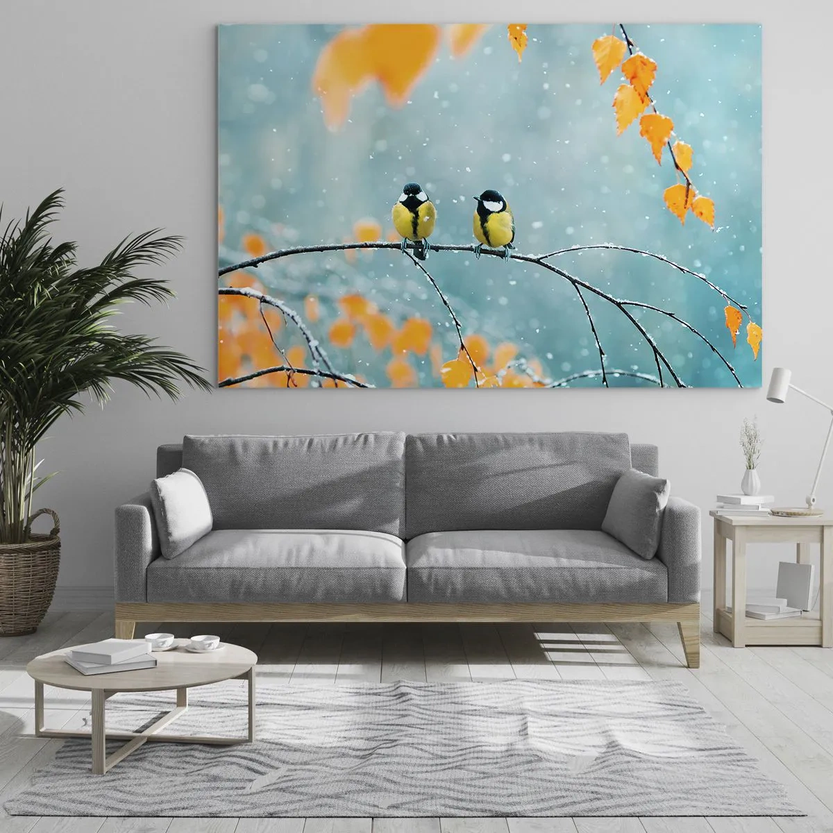 Üveg kép - Két cinegék ülnek egy gallyon a hulló levelek között - 70x50cm - Madárpletykák - Modern fali dekoráció nappalihoz és hálószobához ARTTOR