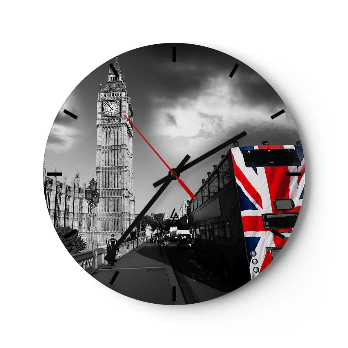 Falióra, Óra - Big Ben és egy brit zászló motívummal ellátott busz - 30x30cm - Büszke és nagy - Modern fali dekoráció nappalihoz, konyhához és hálószobához ARTTOR
