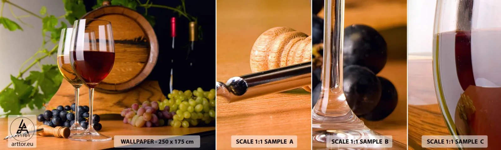 Fotótapéta Minta Standard Eco - Mint a régi mesterek - Boros hordó, Szőlő, Egy pohár bor - 100x30 cm