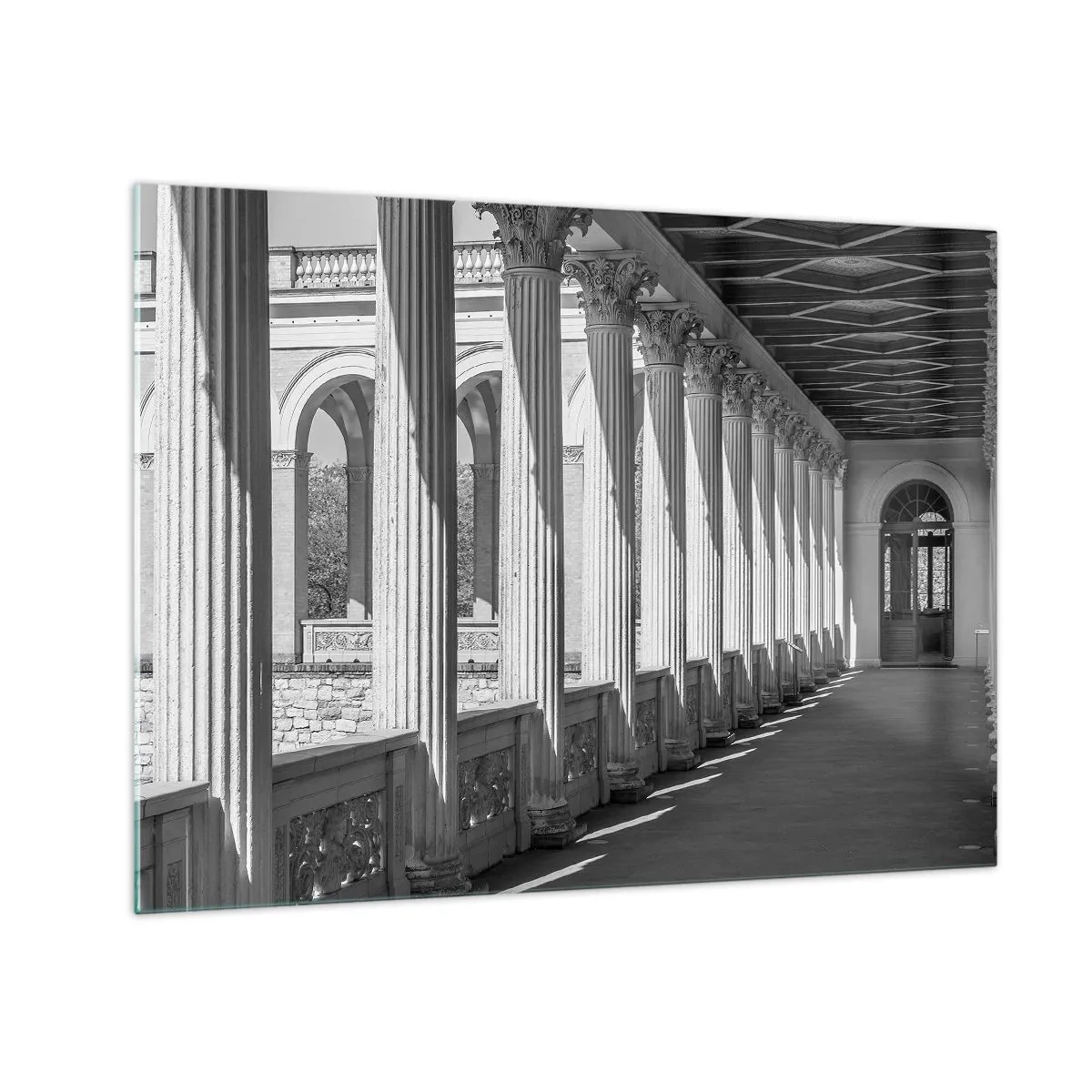 Üveg kép - Fekete-fehér oszlopsor ritmikus fény-árnyék játékkal - 70x50cm - Napsütötte árkádsor - Modern fali dekoráció nappalihoz és hálószobához ARTTOR