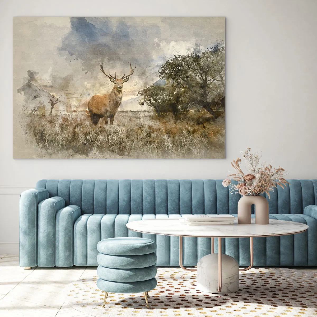 Üveg kép - Egy szarvas természetes tájban, finom színekkel a háttérben. - 70x50cm - Becsület – erő – méltóság - Modern fali dekoráció nappalihoz és hálószobához ARTTOR