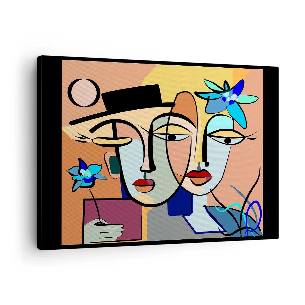 Vászonkép - Élénk színű, virágmotívumos kubista portrék - 70x50cm - Picasso randez vous - Modern fali dekoráció nappalihoz és hálószobához ARTTOR