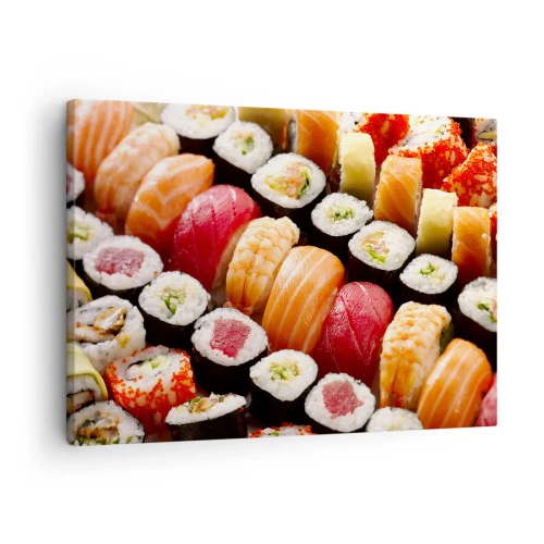 Vászonkép - Színes sushi sorokban elrendezve, különféle feltétekkel - 70x50cm - Ázsia színei és ízei - Modern fali dekoráció nappalihoz és hálószobához ARTTOR