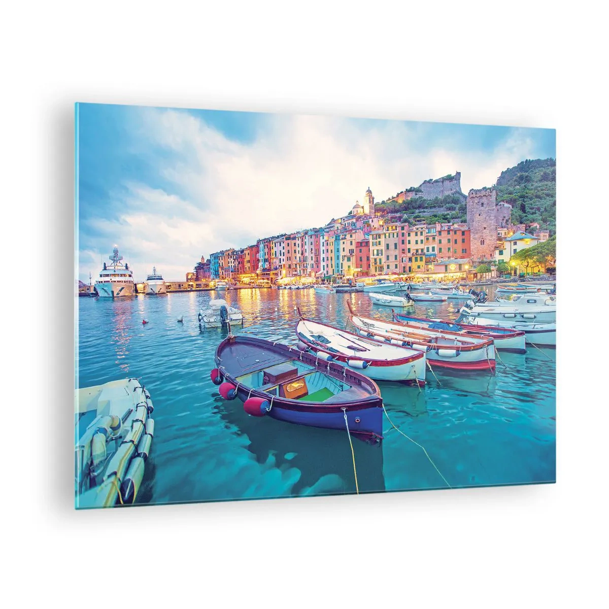 Üveg kép - Cinque Terre esti látképe színes épületeivel - 70x50cm - Színes este a kikötőben - Modern fali dekoráció nappalihoz és hálószobához ARTTOR