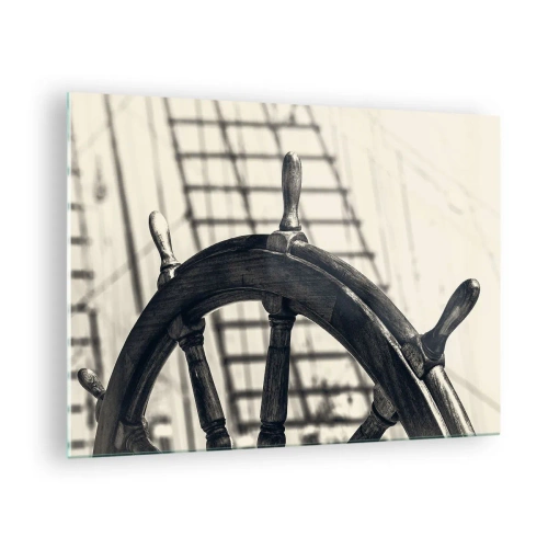 Üveg kép - Fekete-fehér hajókerék - 70x50cm - Tengeri történetek - Modern fali dekoráció nappalihoz és hálószobához ARTTOR