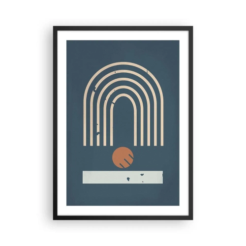 Poszter fehér keretben - Geometriai ívek és egy gömb sötét háttér előtt - 50x70cm - Geometria sötétkék háttéren - Modern fali dekoráció nappalihoz és hálószobához ARTTOR
