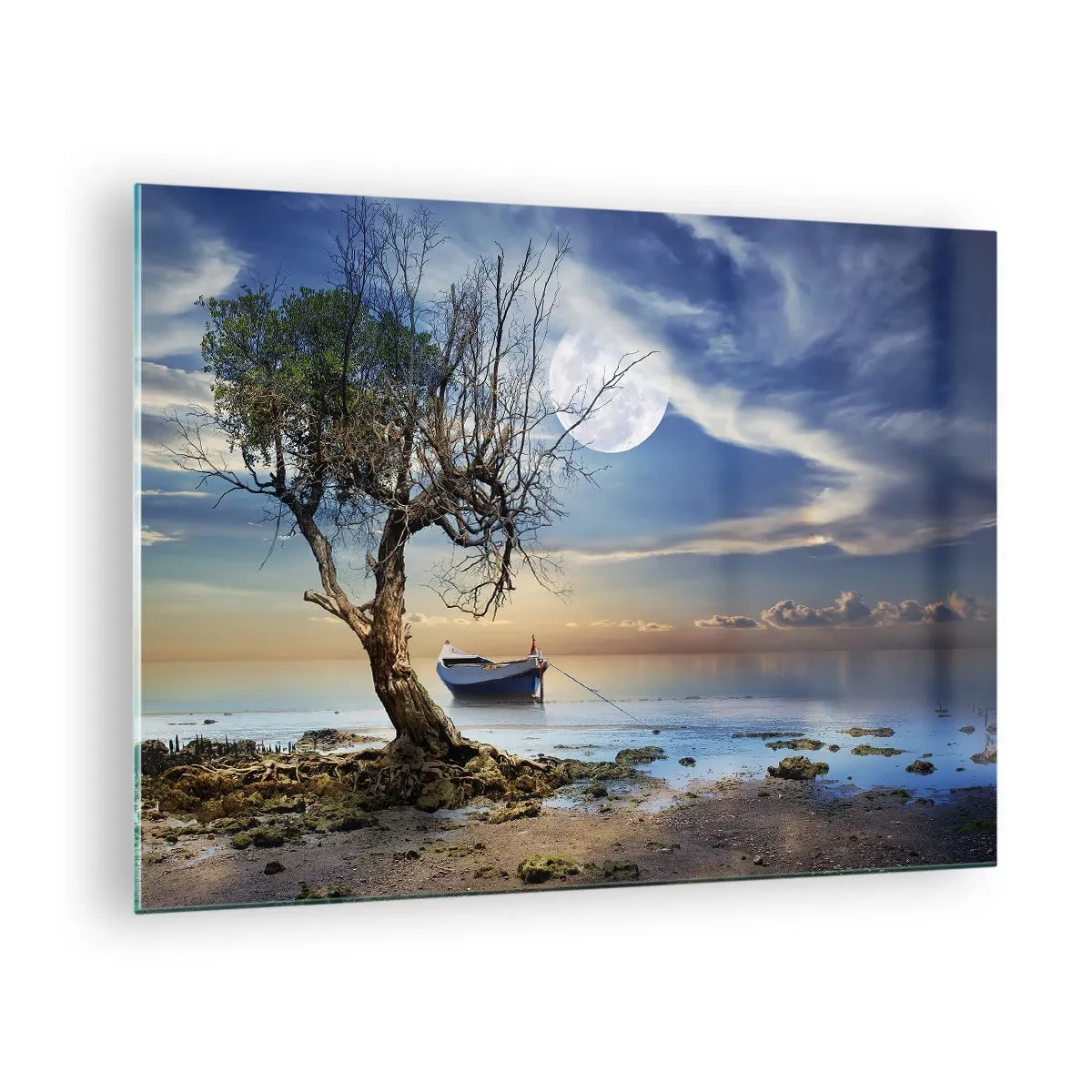 Üveg kép - Egy magányos hajó egy fa mellett, a holdfény hátterében - 70x50cm - Ez a vég vagy a kezdet? - Modern fali dekoráció nappalihoz és hálószobához ARTTOR