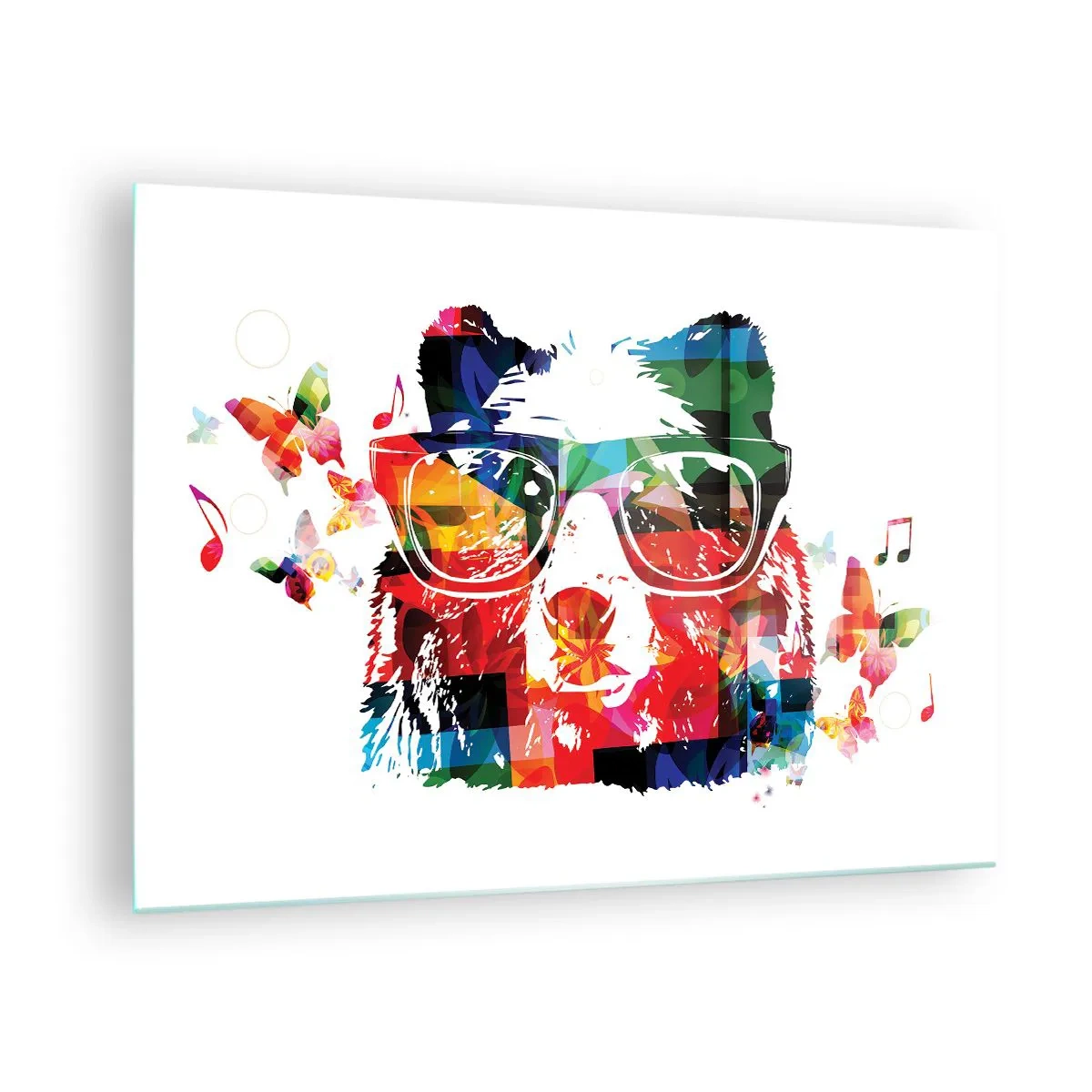Üveg kép - Színes medve szemüveggel pop art stílusban, zenei témával - 70x50cm - Tetszik nekem! - Modern fali dekoráció nappalihoz és hálószobához ARTTOR