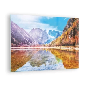 Üveg kép - Őszi hegyek tükröződnek a tóban, színes fákkal körülvéve - 70x50cm - És már ősz van a hegyekben - Modern fali dekoráció nappalihoz és hálószobához ARTTOR