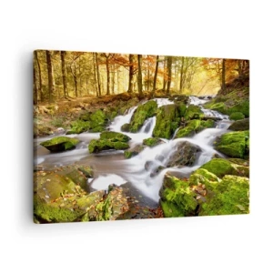 Vászonkép - Egy erdős táj mohával körülvett vízeséssel - 70x50cm - Gyorsan át az őszi erdőn - Modern fali dekoráció nappalihoz és hálószobához ARTTOR