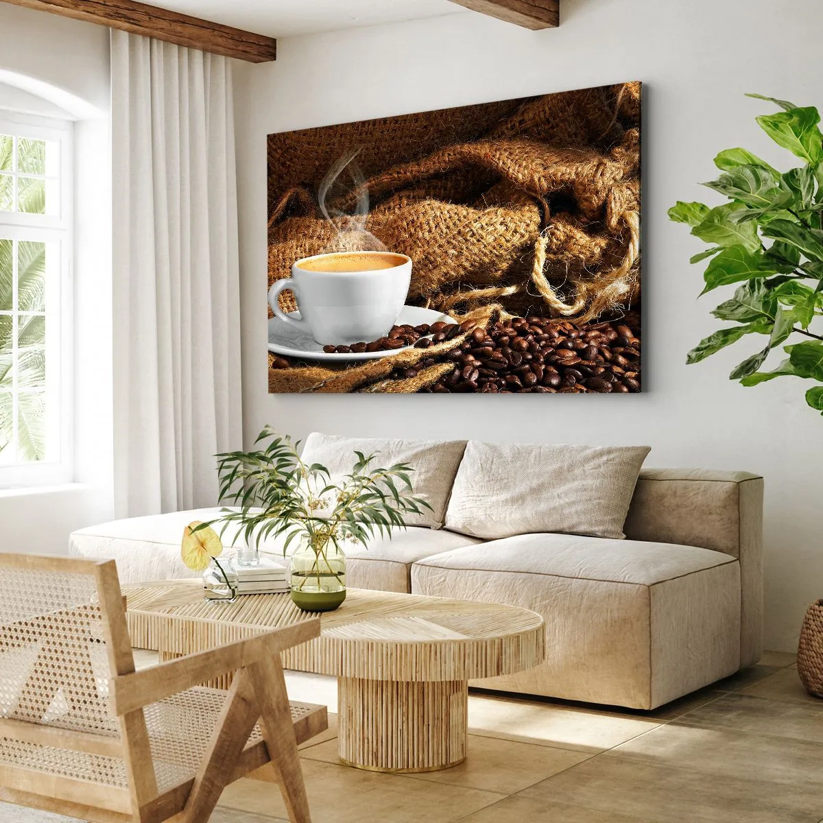 Vászonkép - Egy csésze kávé, körülvéve egy zacskó kávébabbal - 70x50cm - A mokka illata és a mézes folyadék sűrűsége - Modern fali dekoráció nappalihoz és hálószobához ARTTOR