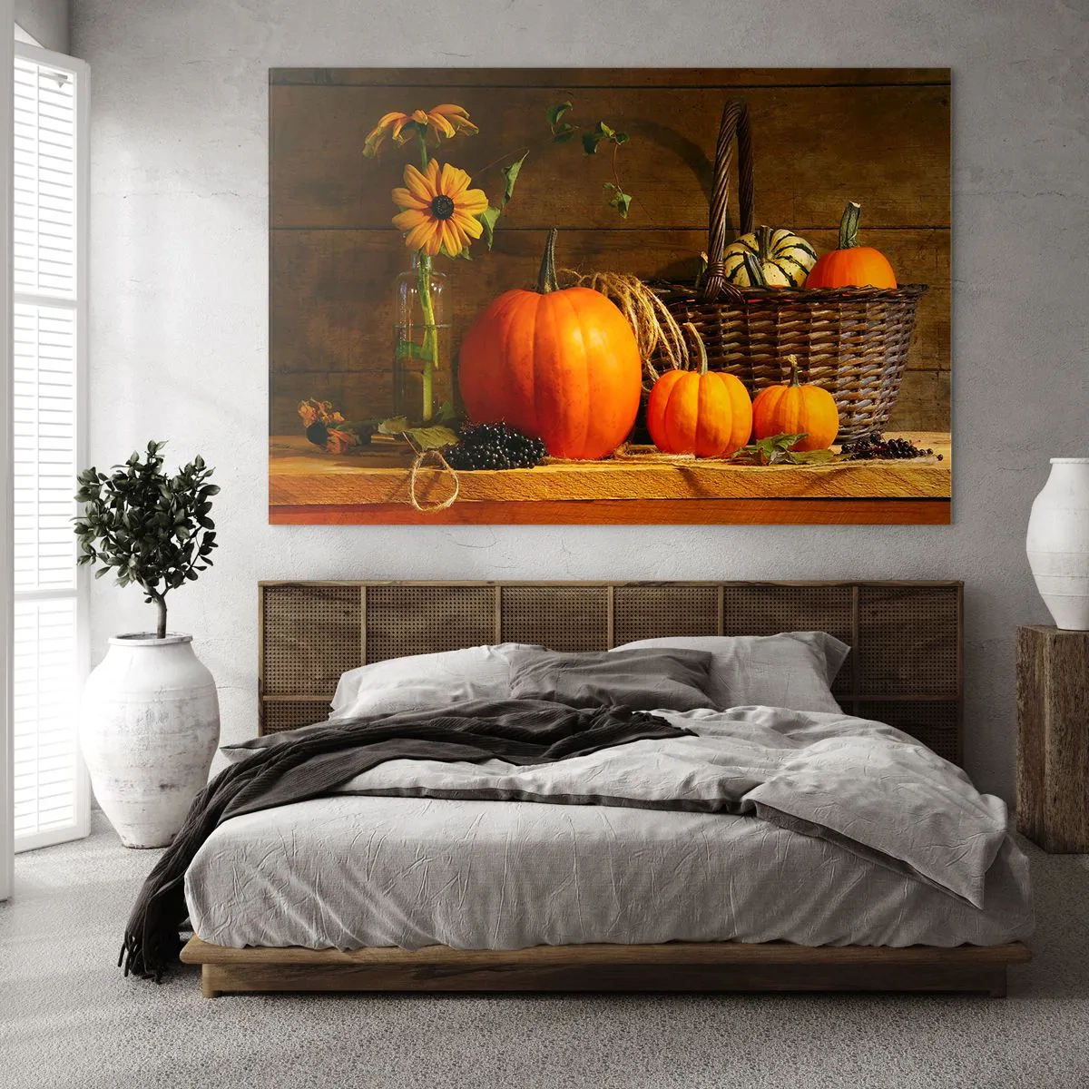 Üveg kép - Őszi csendélet tökökkel és virágokkal - 70x50cm - Rusztikus kompozíció - őszi ajándékok - Modern fali dekoráció nappalihoz és hálószobához ARTTOR
