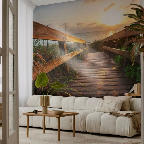 Fotótapéta Premium Sand - És egyenesen a partra - Tájkép, Tenger, Fa híd - 350x256 cm