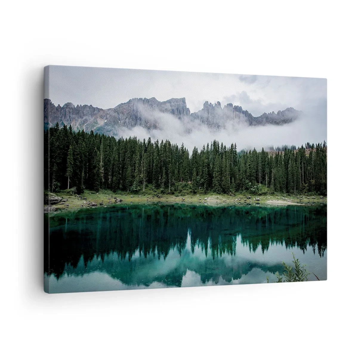 Vászonkép - Hegyi táj erdővel és az égboltot tükröző tóval - 70x50cm - Csitt, csit, ne zavard fel az állóvizet... - Modern fali dekoráció nappalihoz és hálószobához ARTTOR