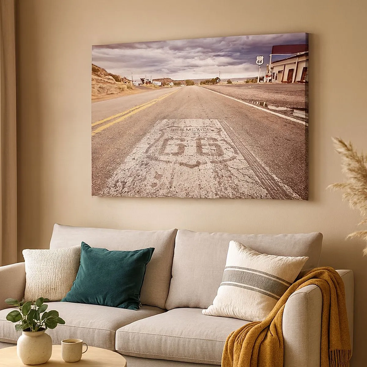 Vászonkép - 66-os út sivatagi éghajlaton, festői égbolton - 70x50cm - Mother Road – amerikai legenda - Modern fali dekoráció nappalihoz és hálószobához ARTTOR