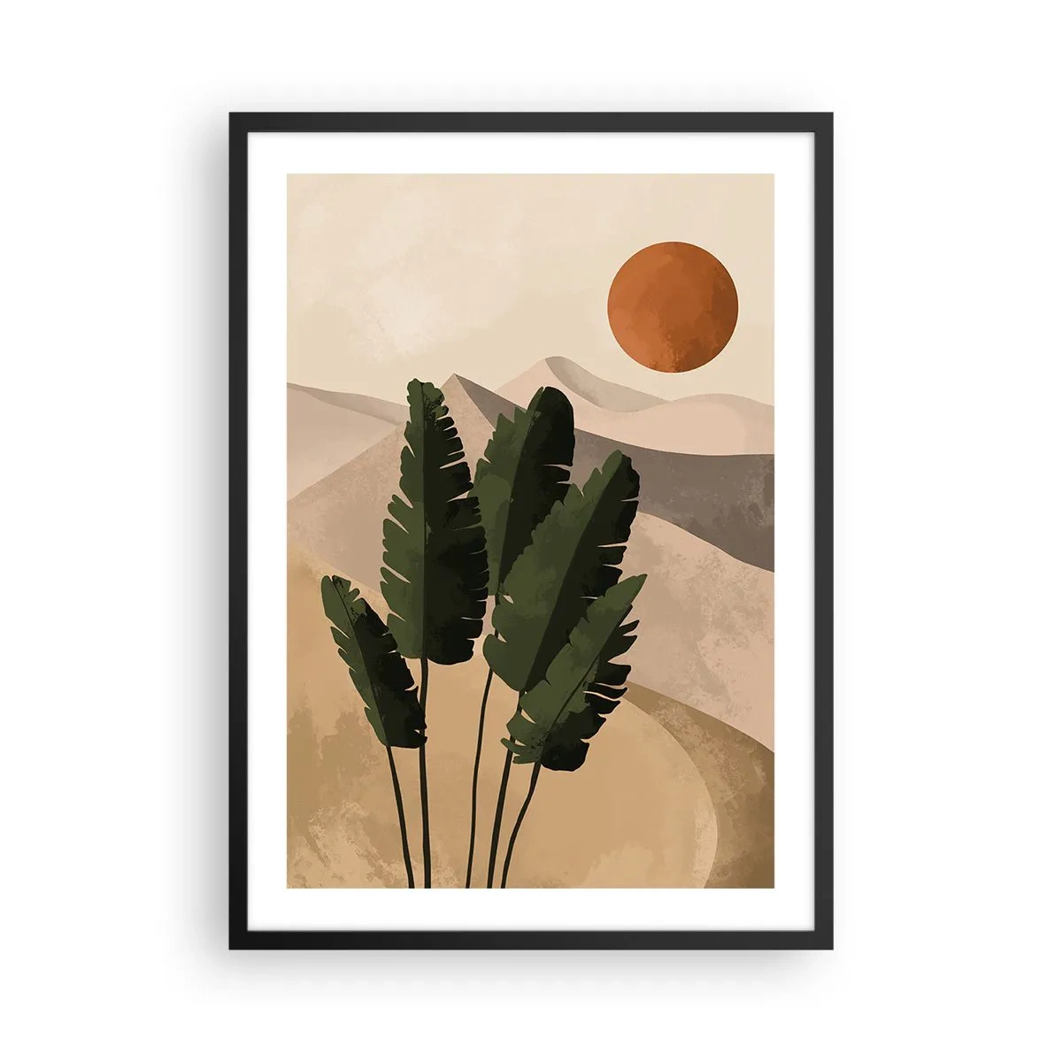 Poszter fehér keretben - Növények sivatagi környezetben, lenyugvó nappal, absztrakt tájkép - 50x70cm - Az élet diadala - Modern fali dekoráció nappalihoz és hálószobához ARTTOR