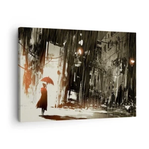 Vászonkép - Egy vörös alak esernyővel egy esős jelenetben - 70x50cm - A vörös esernyő költészete - Modern fali dekoráció nappalihoz és hálószobához ARTTOR