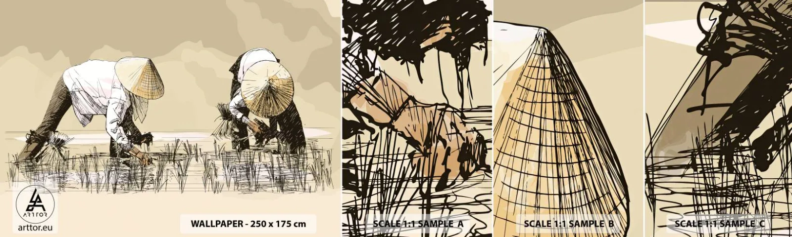 Fotótapéta Minta Öntapadós Deluxe Sticker - Sikeres betakarítást - Ázsia, Rizsültetvény, Rizsföld - 100x30 cm