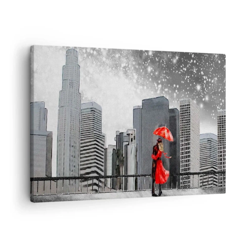 Vászonkép - Egy piros ruhás pár esernyővel a városi táj hátterében. - 70x50cm - Az ember nem kő - Modern fali dekoráció nappalihoz és hálószobához ARTTOR