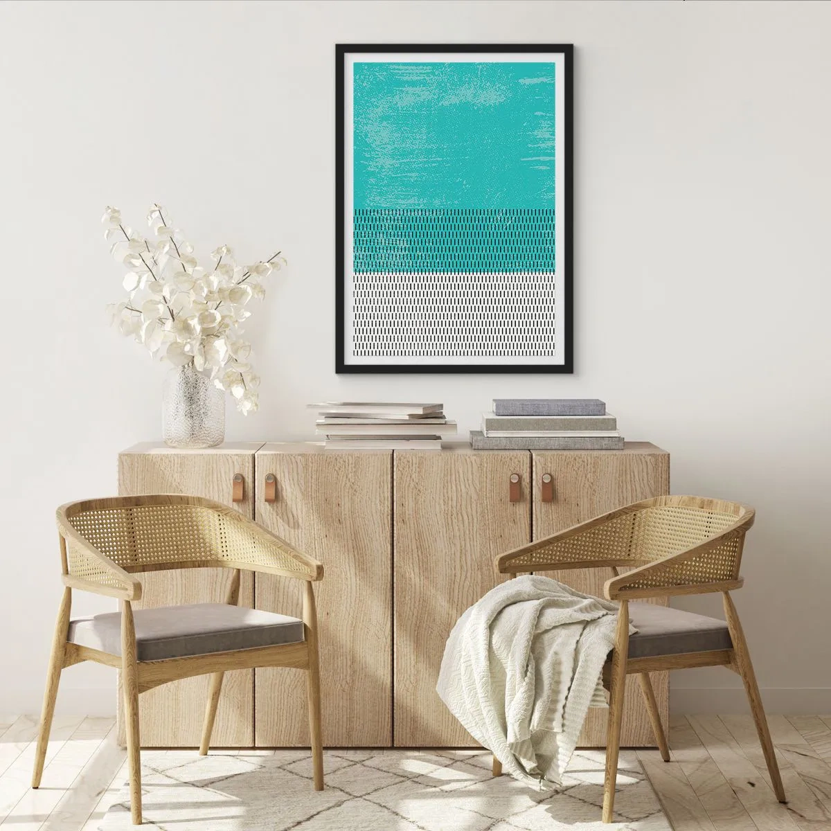 Poszter fehér keretben - Geometrikus minta türkiz és fehér elemekkel minimalista stílusban - 50x70cm - Kiegyensúlyozott kompozíció - Modern fali dekoráció nappalihoz és hálószobához ARTTOR