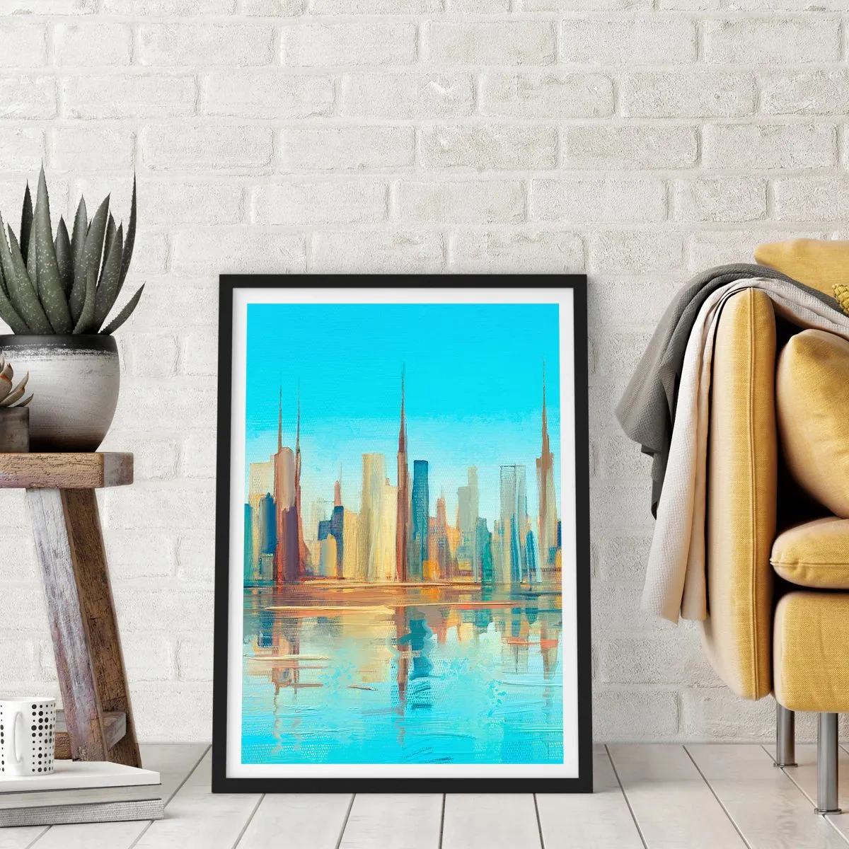 Poszter fehér keretben - Színes városi panoráma tükröződéssel a vízben - 50x70cm - Napfényes metropolisz - Modern fali dekoráció nappalihoz és hálószobához ARTTOR