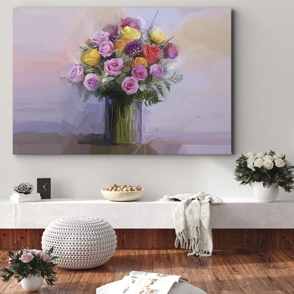 Vászonkép - Egy csokor színes rózsa üvegvázában - 70x50cm - Megtartott szépség - Modern fali dekoráció nappalihoz és hálószobához ARTTOR