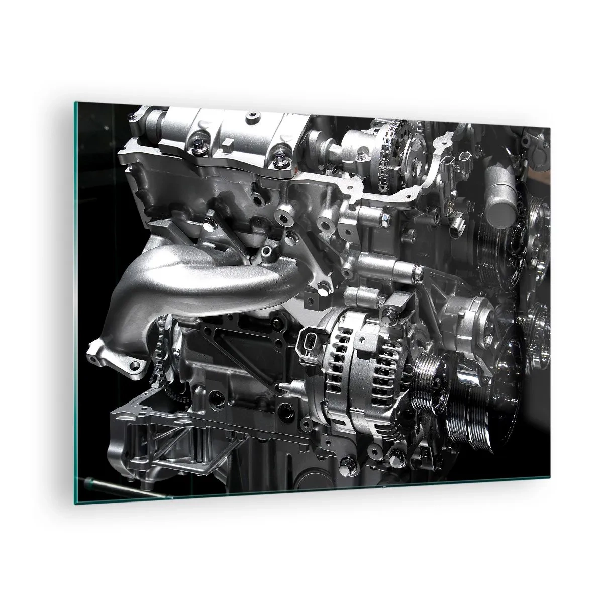 Üveg kép - Fémmotor részletei fekete háttéren - 70x50cm - Acél, szép, erős - Modern fali dekoráció nappalihoz és hálószobához ARTTOR
