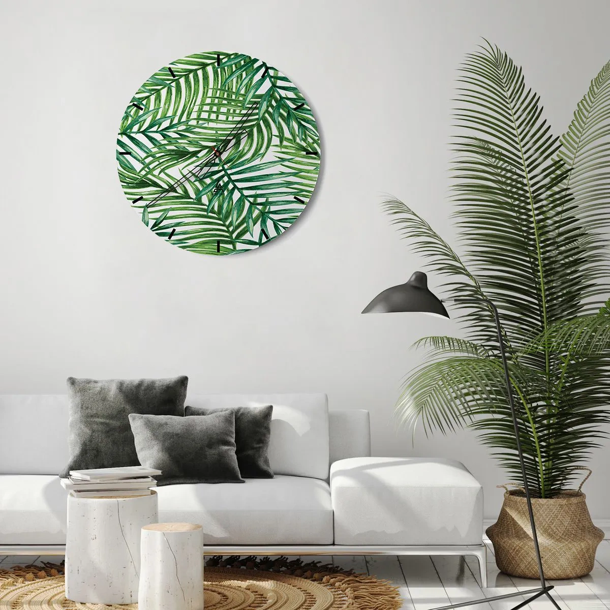 Falióra, Óra - Sűrű kompozícióban elrendezett zöld pálmalevelek - 30x30cm - A zöld lombkorona alatt - Modern fali dekoráció nappalihoz, konyhához és hálószobához ARTTOR