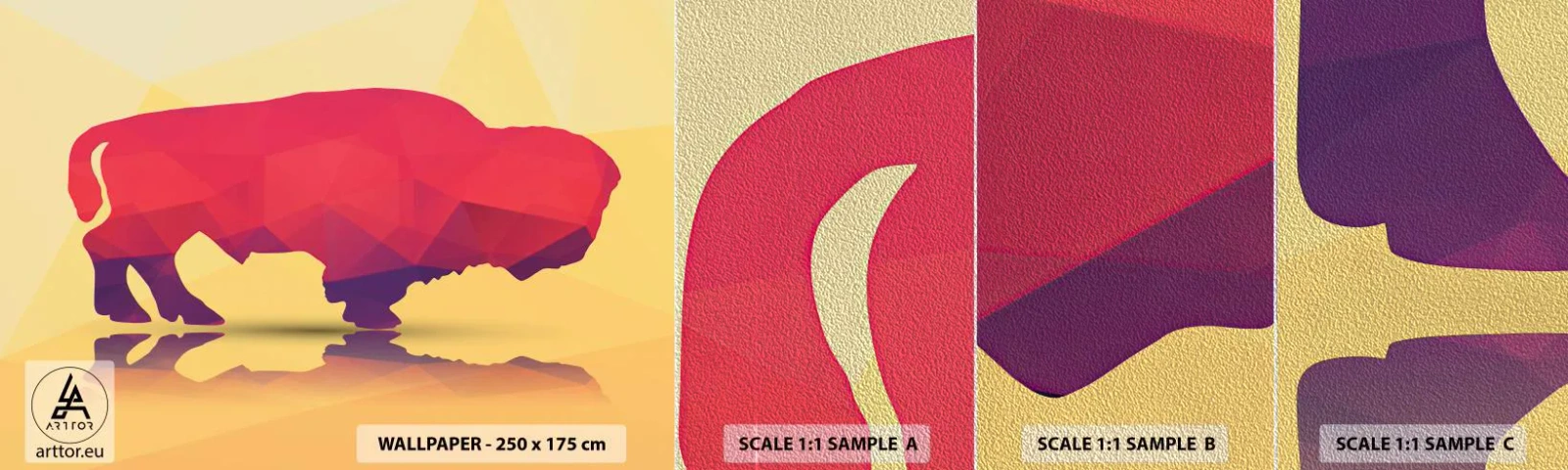 Fotótapéta Minta Premium Sand - Az európai bölény amaránt erőssége - Állatok, Wisent, Geometriai ábra - 100x30 cm